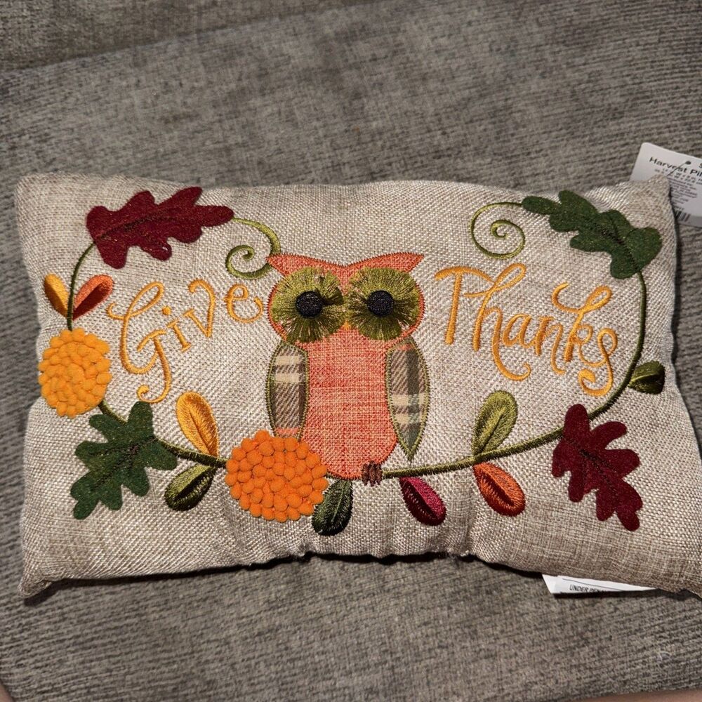 Give Thanks Owl Pillow Burlap Floral Fall Thanksgiving